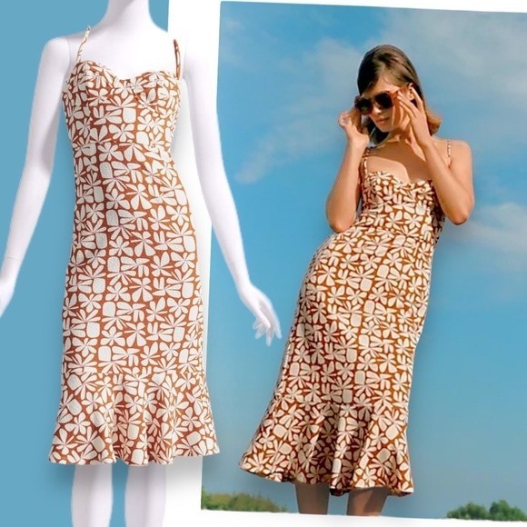 Anthropologie MEDIUM Dress Retro Floral Strappy Sweetheart Ruffle Midi